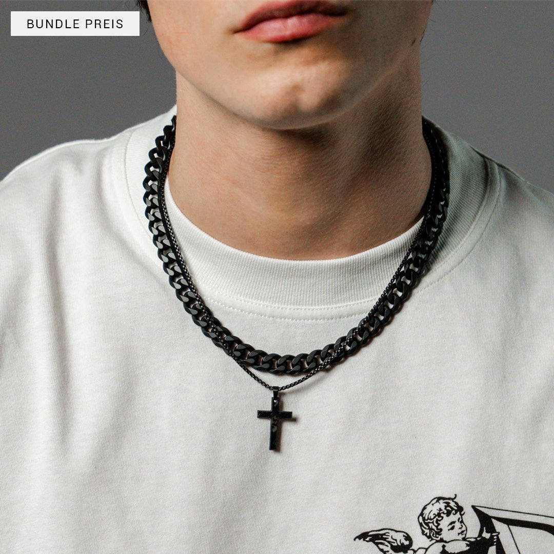 Bundle aus zwei schwarzen Halsketten mit Kreuzsymbol